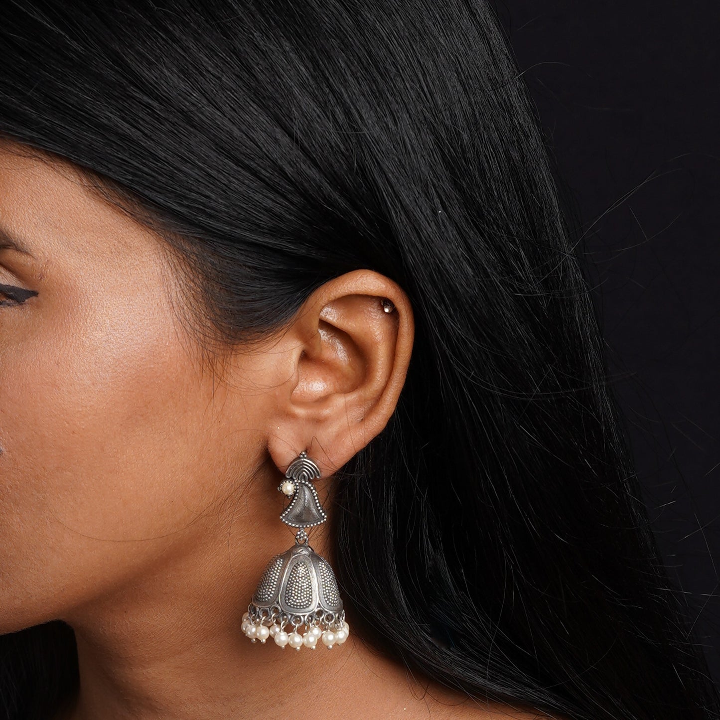NeelKanthi- Silver Brass Pearl jhumka earrings