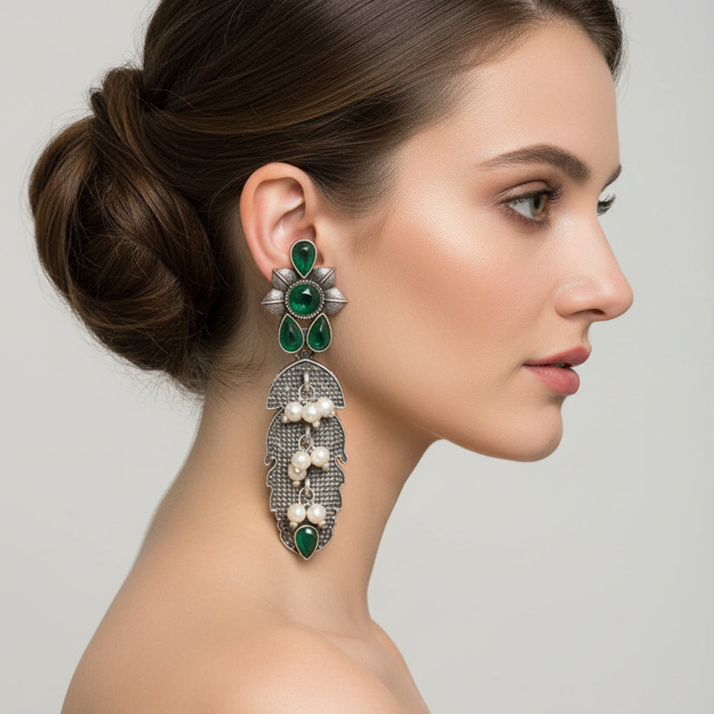 MotiPatra- Silver Brass Pearl dangler earrings (Green)