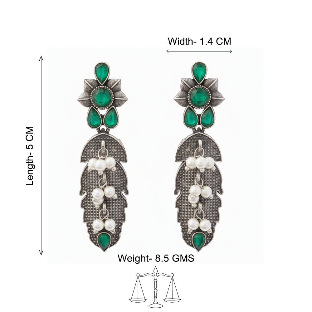 MotiPatra- Silver Brass Pearl dangler earrings (Green)