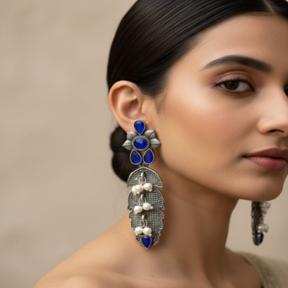 MotiPatra- Silver Brass Pearl dangler earrings (Blue)