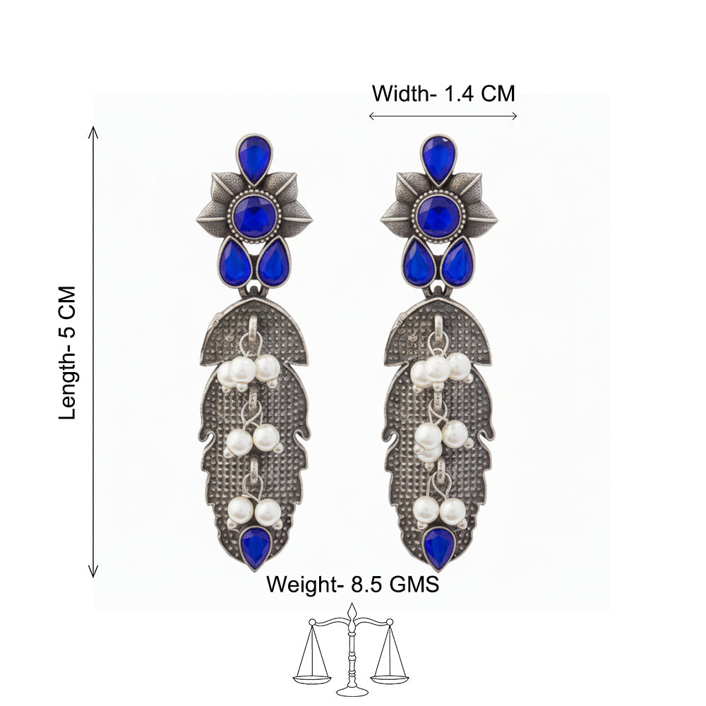 MotiPatra- Silver Brass Pearl dangler earrings (Blue)