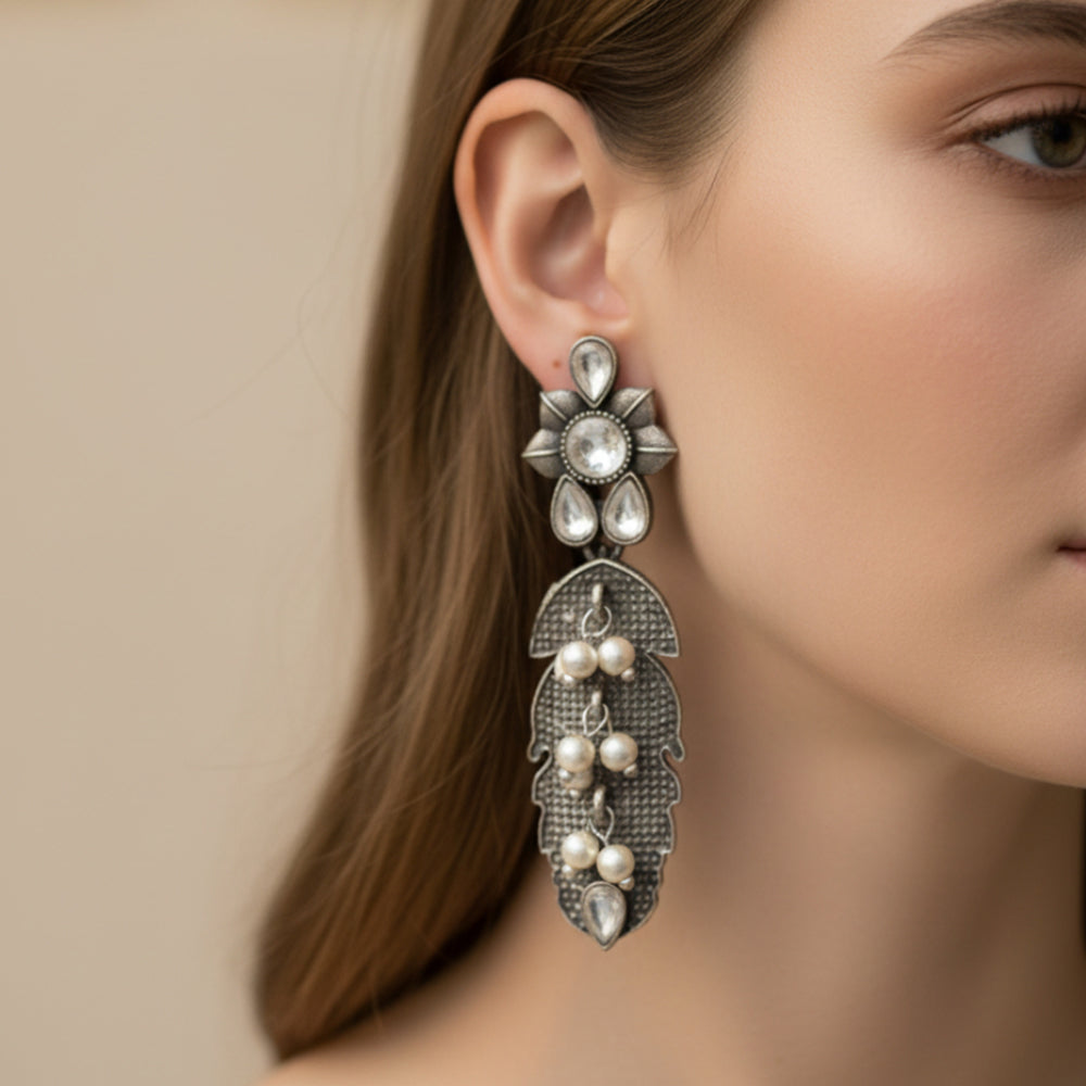 MotiPatra- Silver Brass Pearl dangler earrings (White)