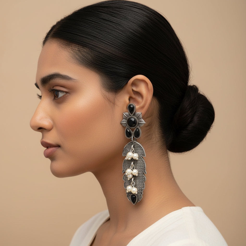 MotiPatra- Silver Brass Pearl dangler earrings (black)