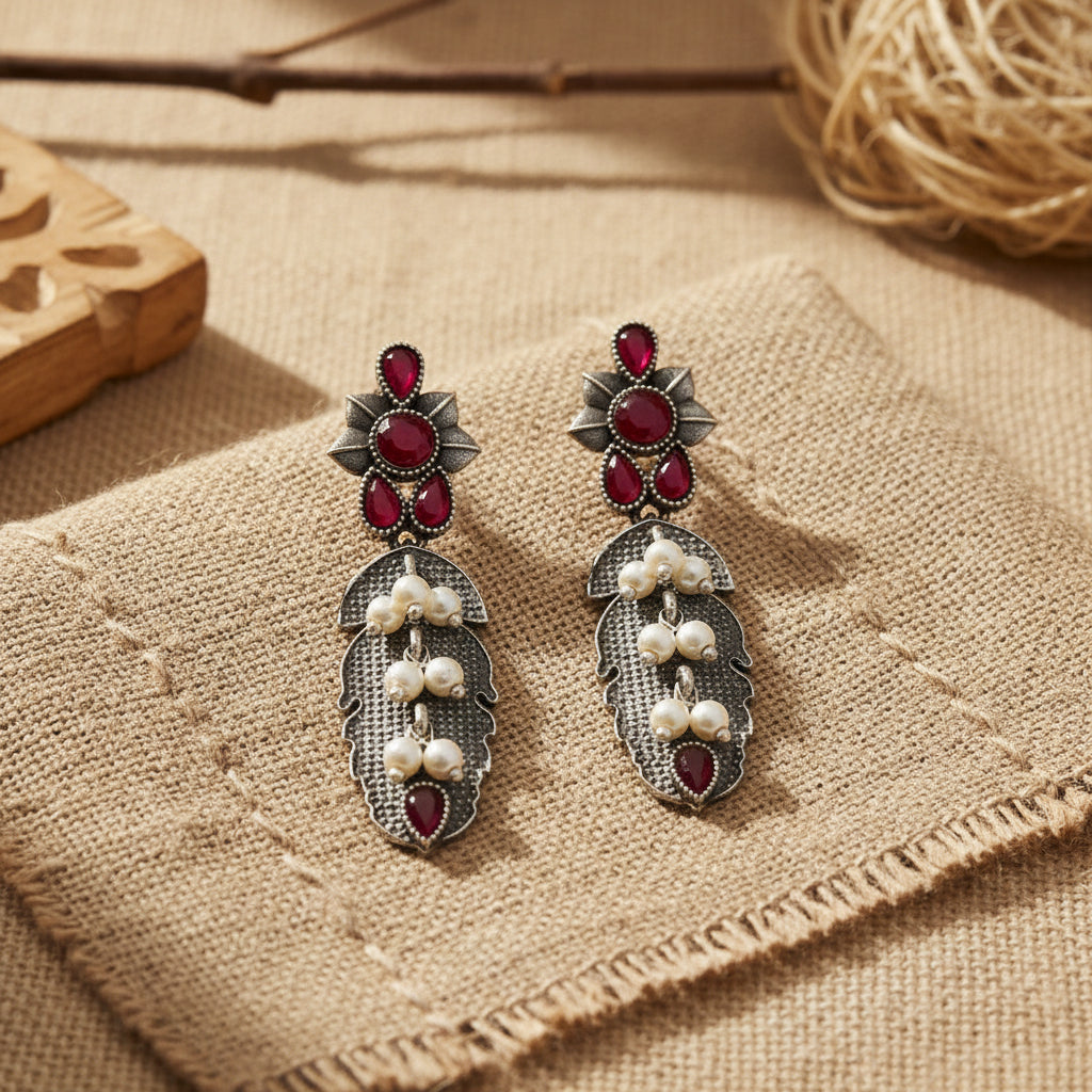 MotiPatra- Silver Brass Pearl dangler earrings (Red)