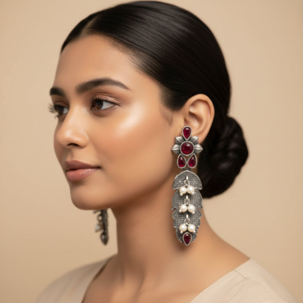 MotiPatra- Silver Brass Pearl dangler earrings (Red)