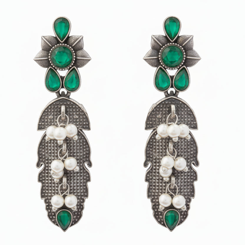 MotiPatra- Silver Brass Pearl dangler earrings (Green)