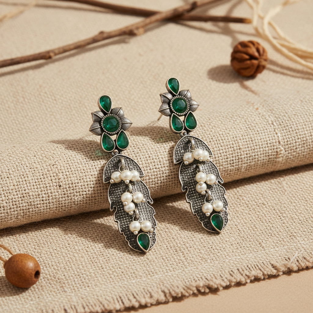 MotiPatra- Silver Brass Pearl dangler earrings (Green)