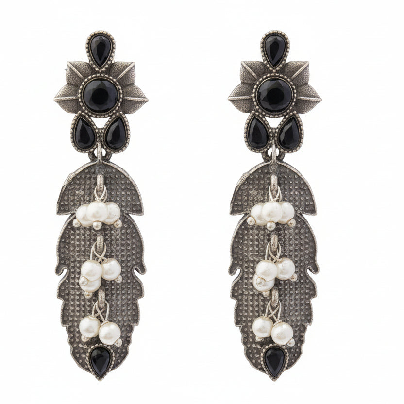 MotiPatra- Silver Brass Pearl dangler earrings (black)