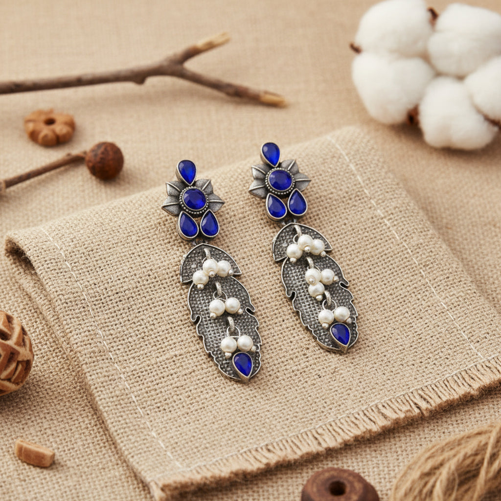 MotiPatra- Silver Brass Pearl dangler earrings (Blue)