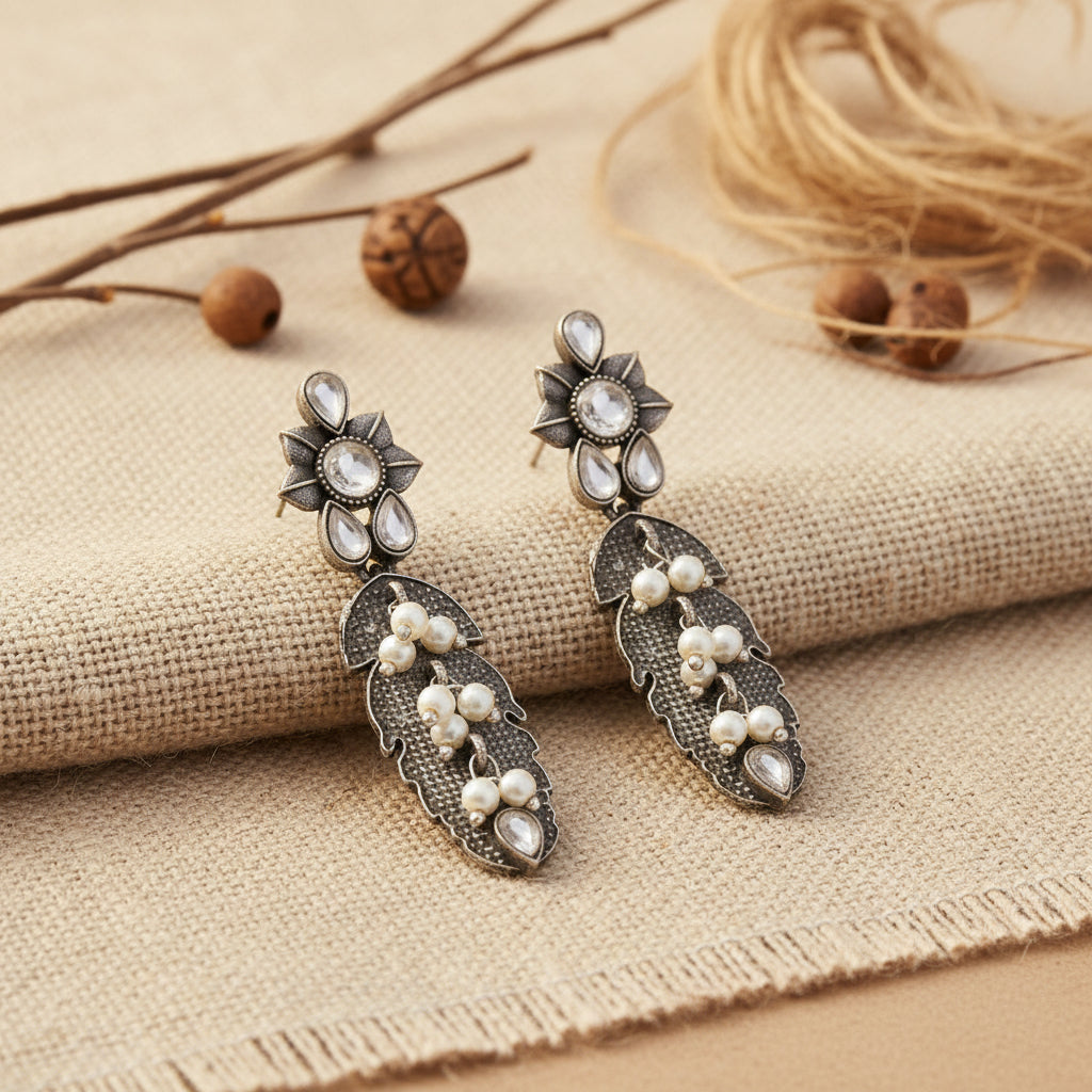 MotiPatra- Silver Brass Pearl dangler earrings (White)