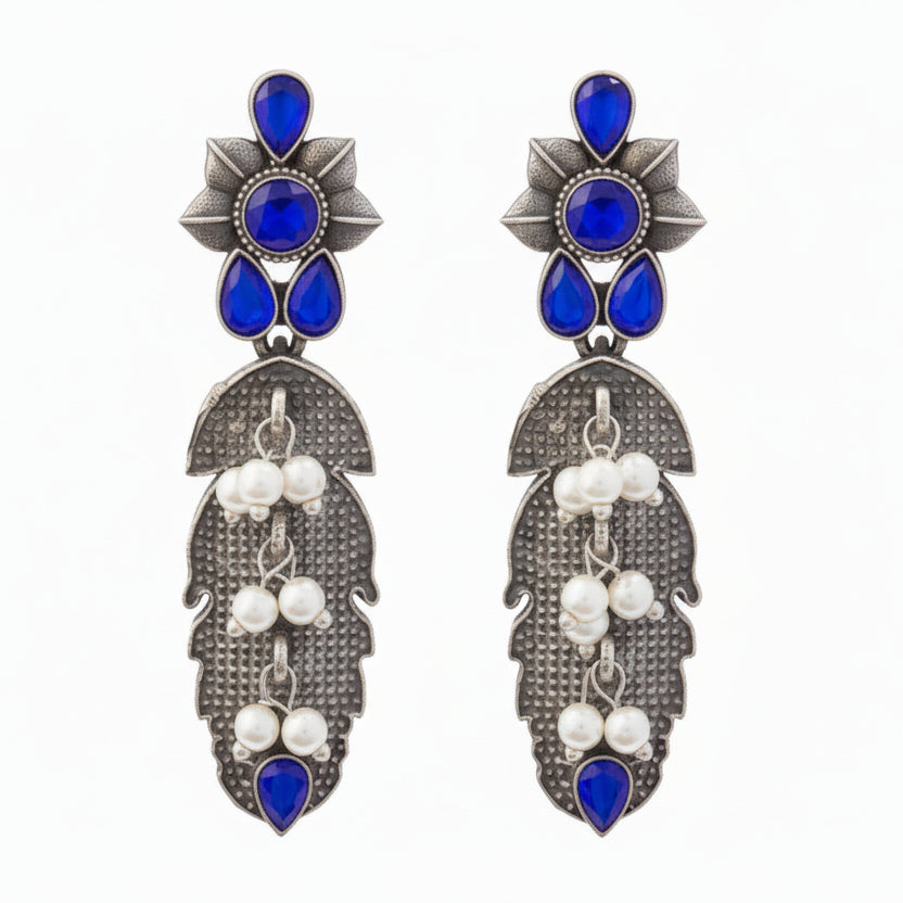 MotiPatra- Silver Brass Pearl dangler earrings (Blue)