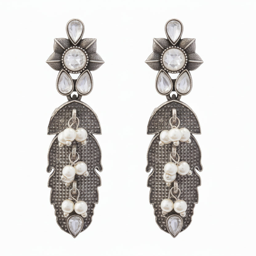 MotiPatra- Silver Brass Pearl dangler earrings (White)