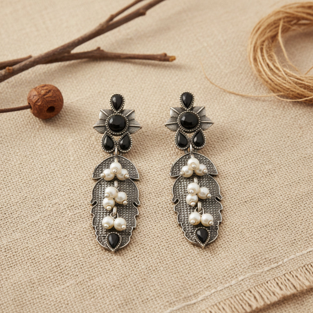 MotiPatra- Silver Brass Pearl dangler earrings (black)