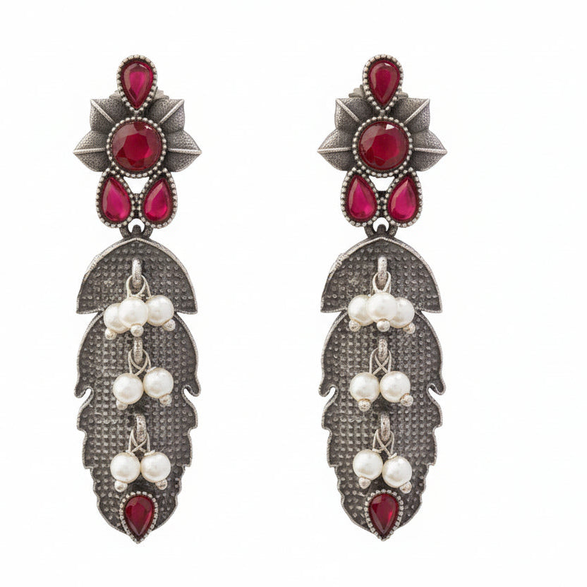 MotiPatra- Silver Brass Pearl dangler earrings (Red)