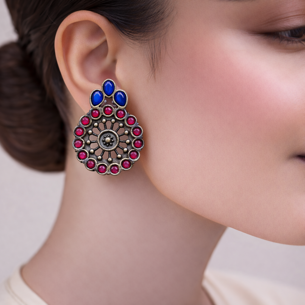 Gulabika- Silver Brass Stone-Studded Stud Earrings(Pink)