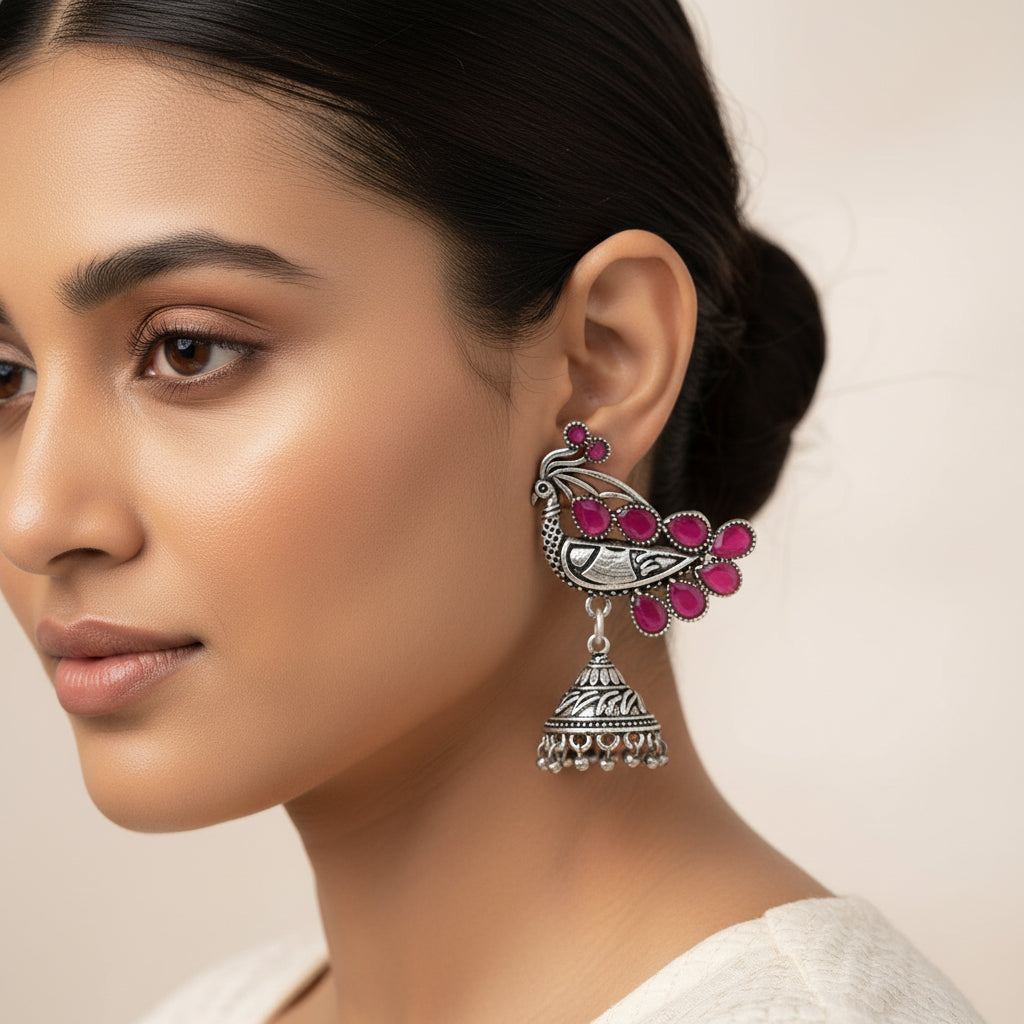 ChandMor- Silver Brass Pearl jhumka earrings (Red)