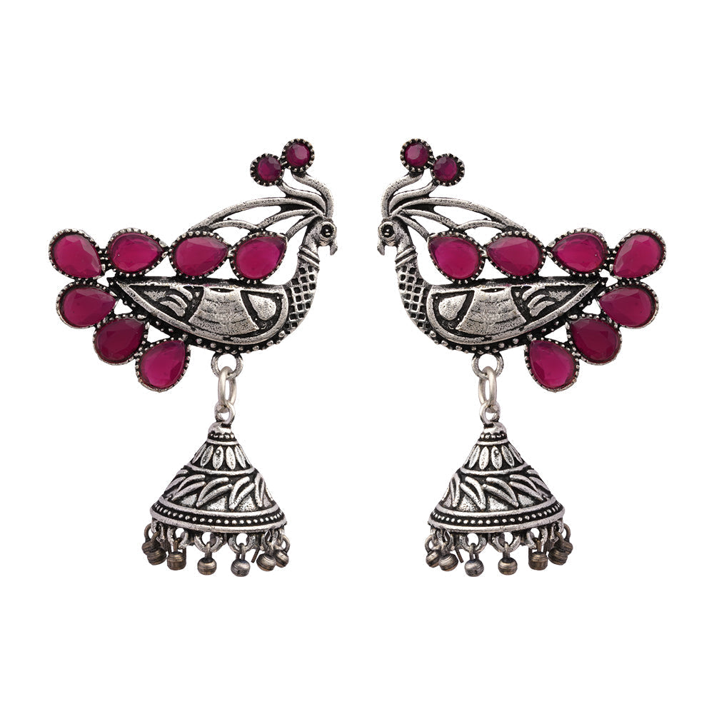 ChandMor- Silver Brass Pearl jhumka earrings (Red)