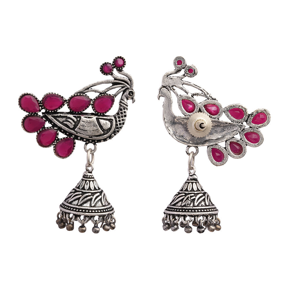 ChandMor- Silver Brass Pearl jhumka earrings (Red)