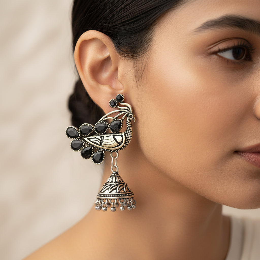 ChandMor- Silver Brass Pearl jhumka Earrings (Black)