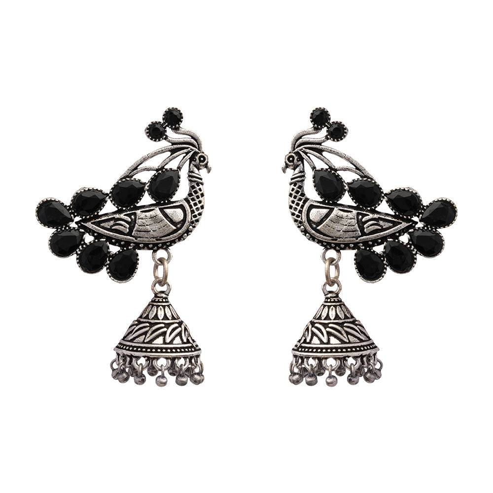 ChandMor- Silver Brass Pearl jhumka Earrings (Black)