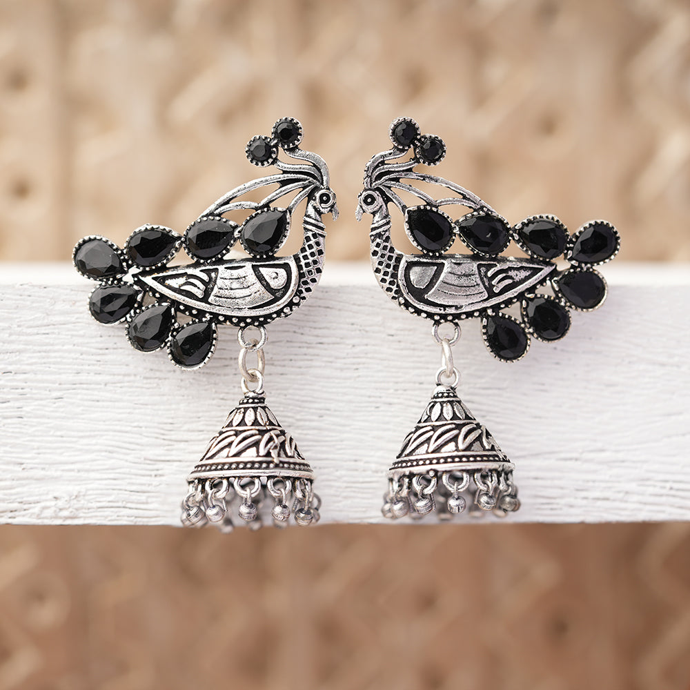 ChandMor- Silver Brass Pearl jhumka Earrings (Black)
