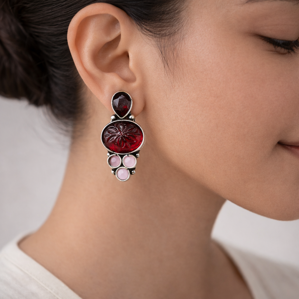 ShilpaRatna- Brass Stone-Studded stud earrings(Wine red)