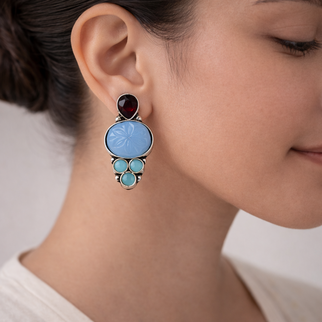 ShilpaRatna- Brass Stone-Studded stud earrings(Sky Blue)