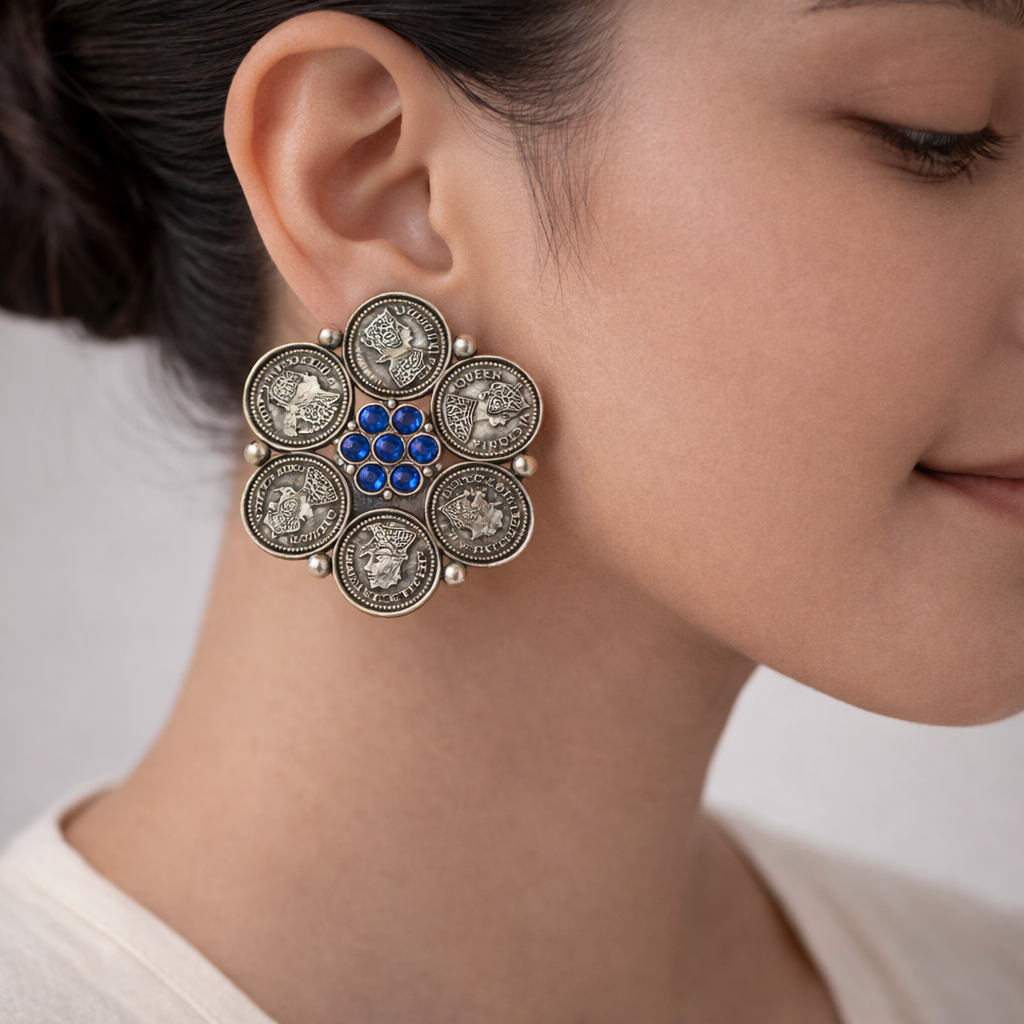 MudraPushp- Silver Brass Oxidised Stud Earrings(Blue)
