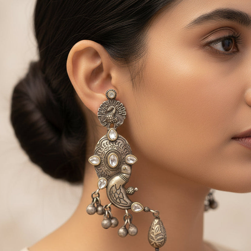 Darpan- Silver Brass Oxidisd dangler earrings
