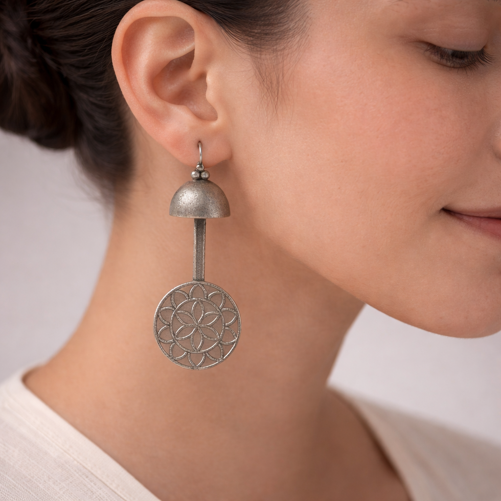 Ghantika- Silver Brass Oxidised dangler earrings