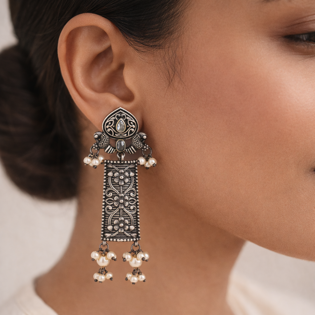 Aamulya- Silver Brass Pearl dangler earrings