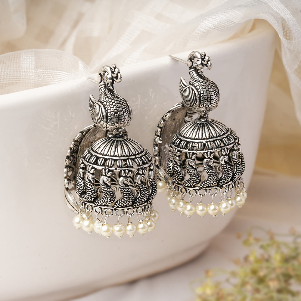 MorLekha- Silver Brass Oxidised Jhumka earrings