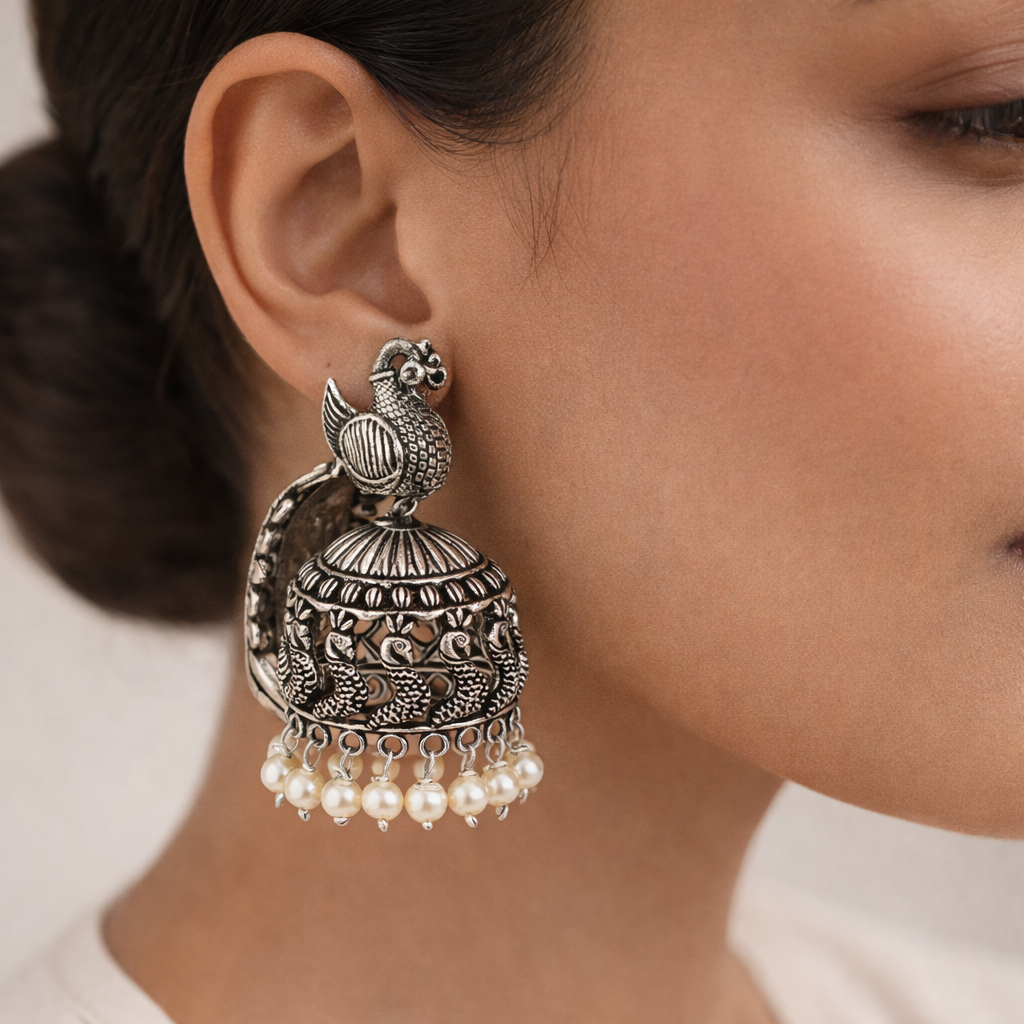 MorLekha- Silver Brass Oxidised Jhumka earrings