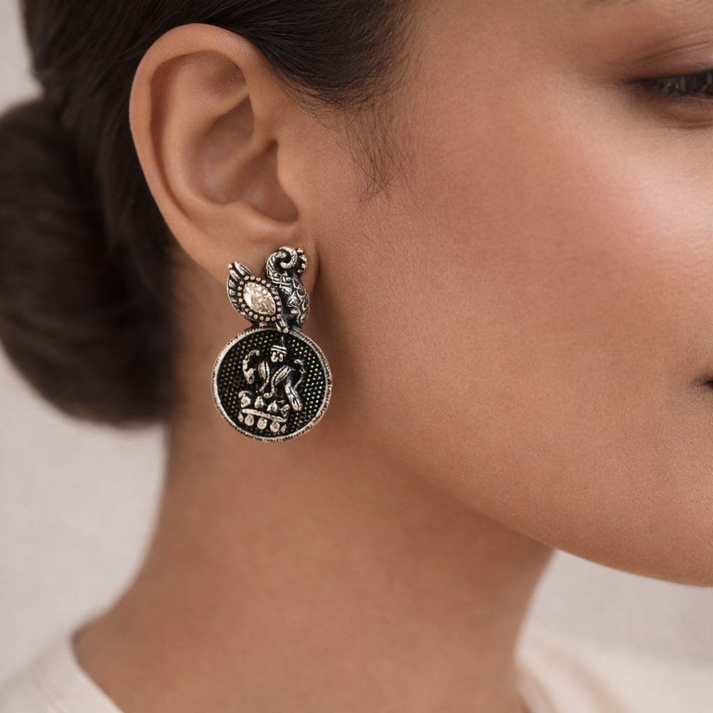 MayurShree- Silver Oxidised Motif Peacock Brass Stud Earrings