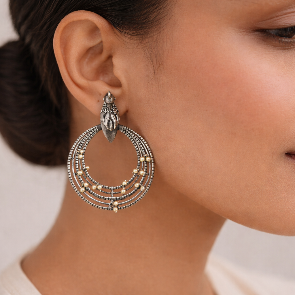 Rupantar- Silver Brass Oxidised dangler earrings