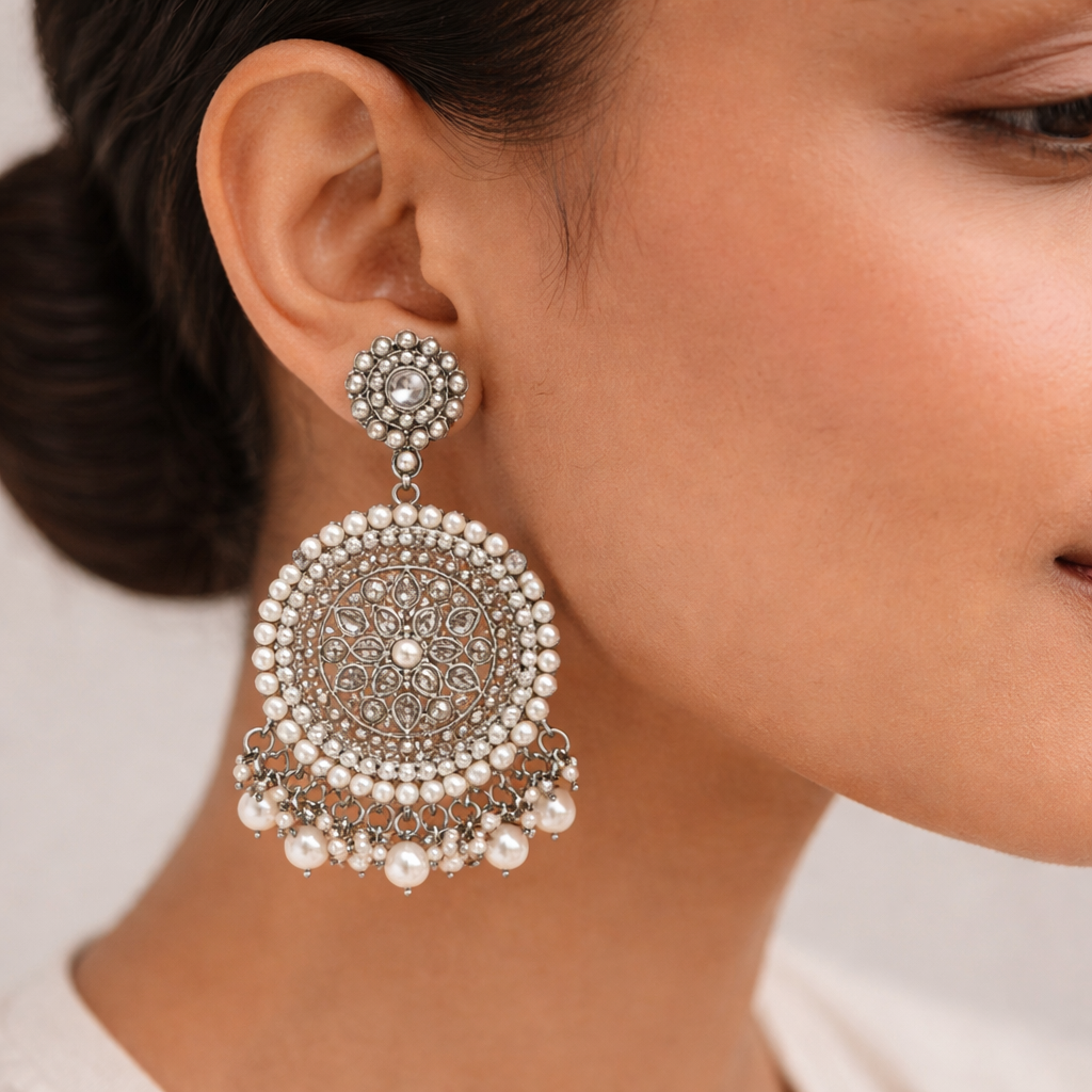 Mukta- Silver Brass Pearl dangler earrings