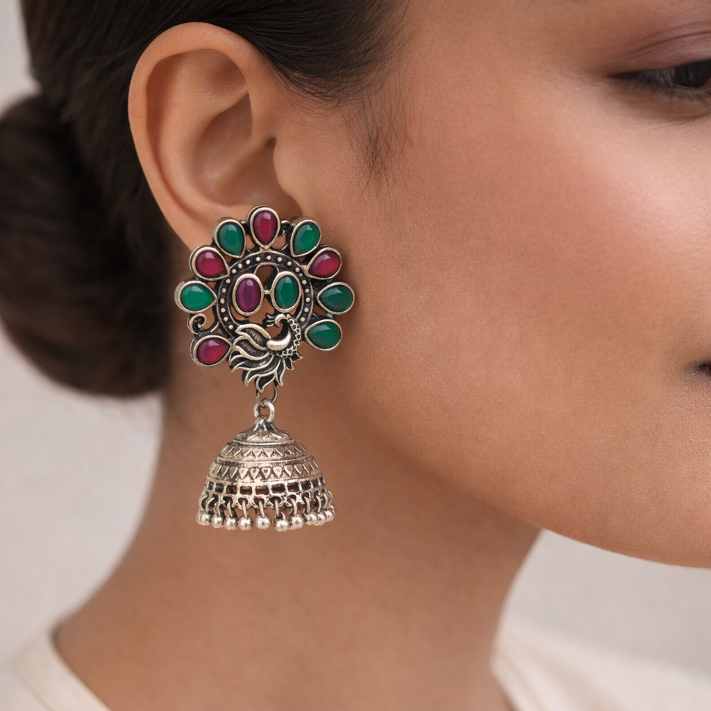 Ratnamor- Silver Brass Oxidised Jhumka earrings