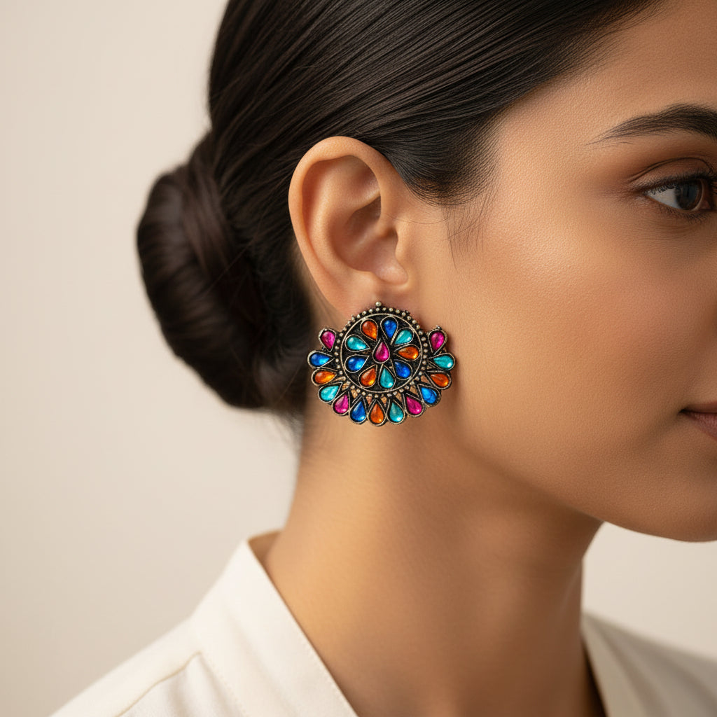 Rangika- Silver oxidised Stone-Studded stud earrings