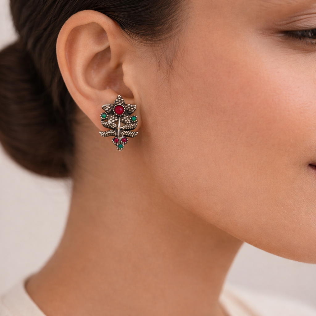 Pushp- Silver oxidised Stone-Studded stud earrings