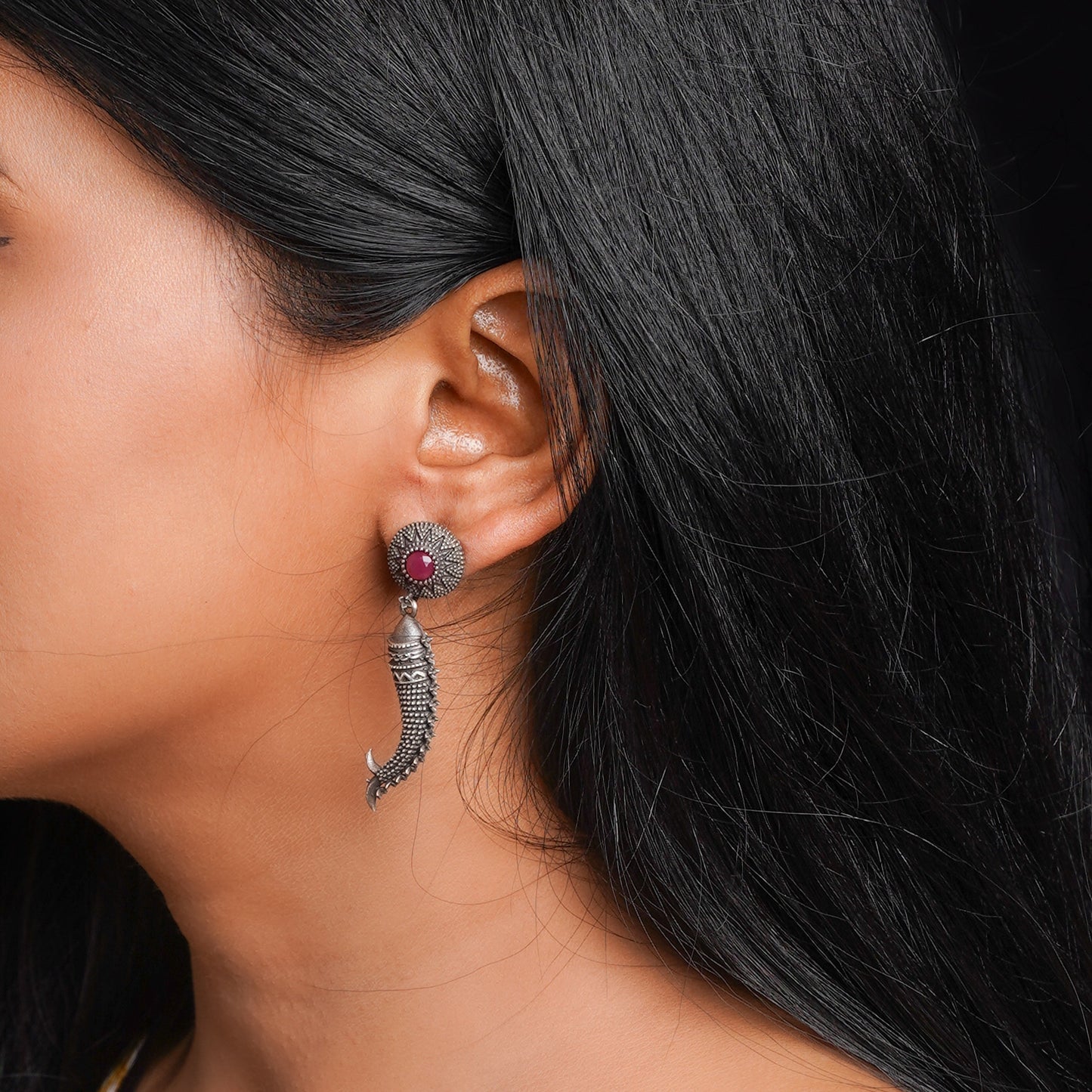 Meenakshi- Silver Brass Oxidised dangler earrings
