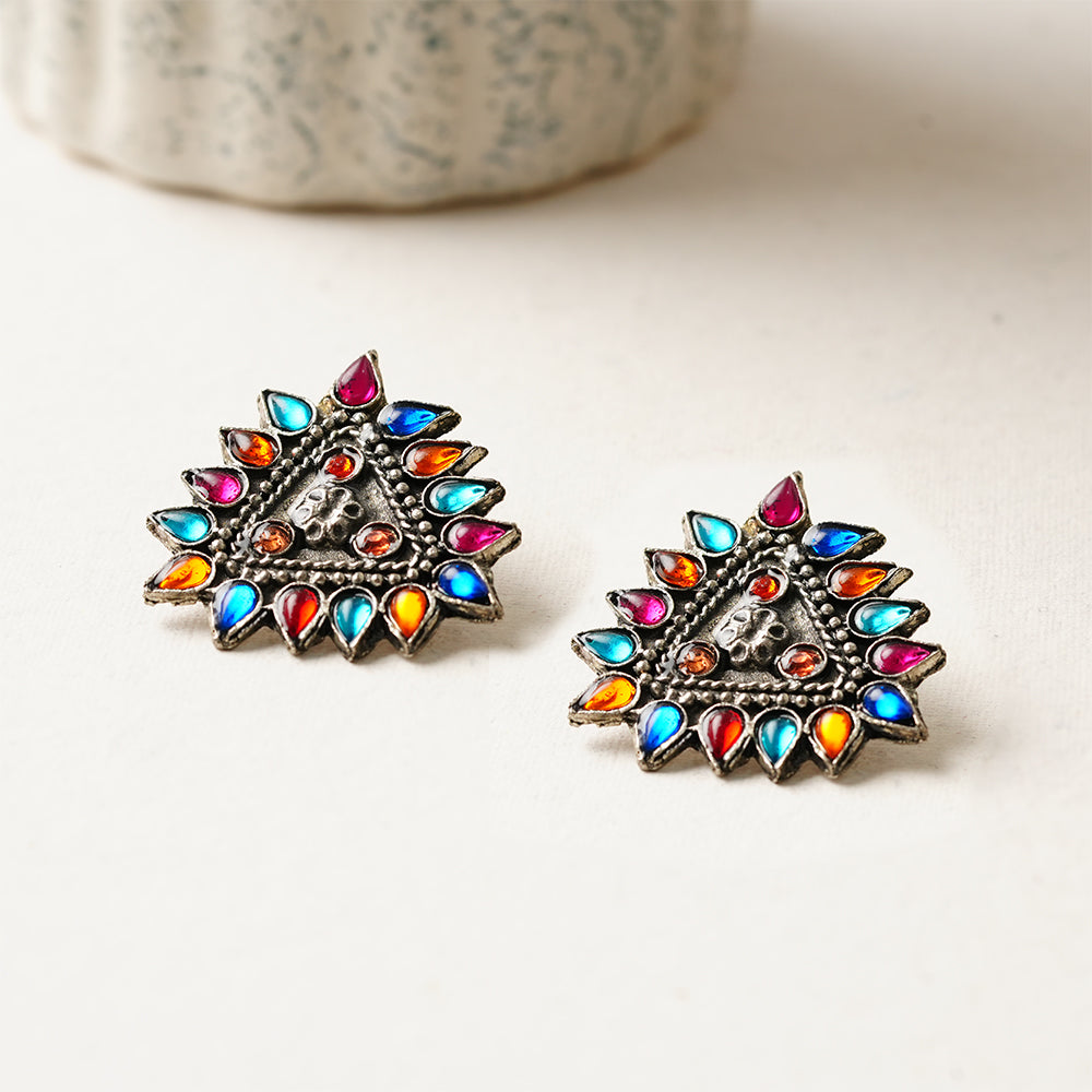 Indrdhanush- Silver oxidised Stone-Studded stud earrings