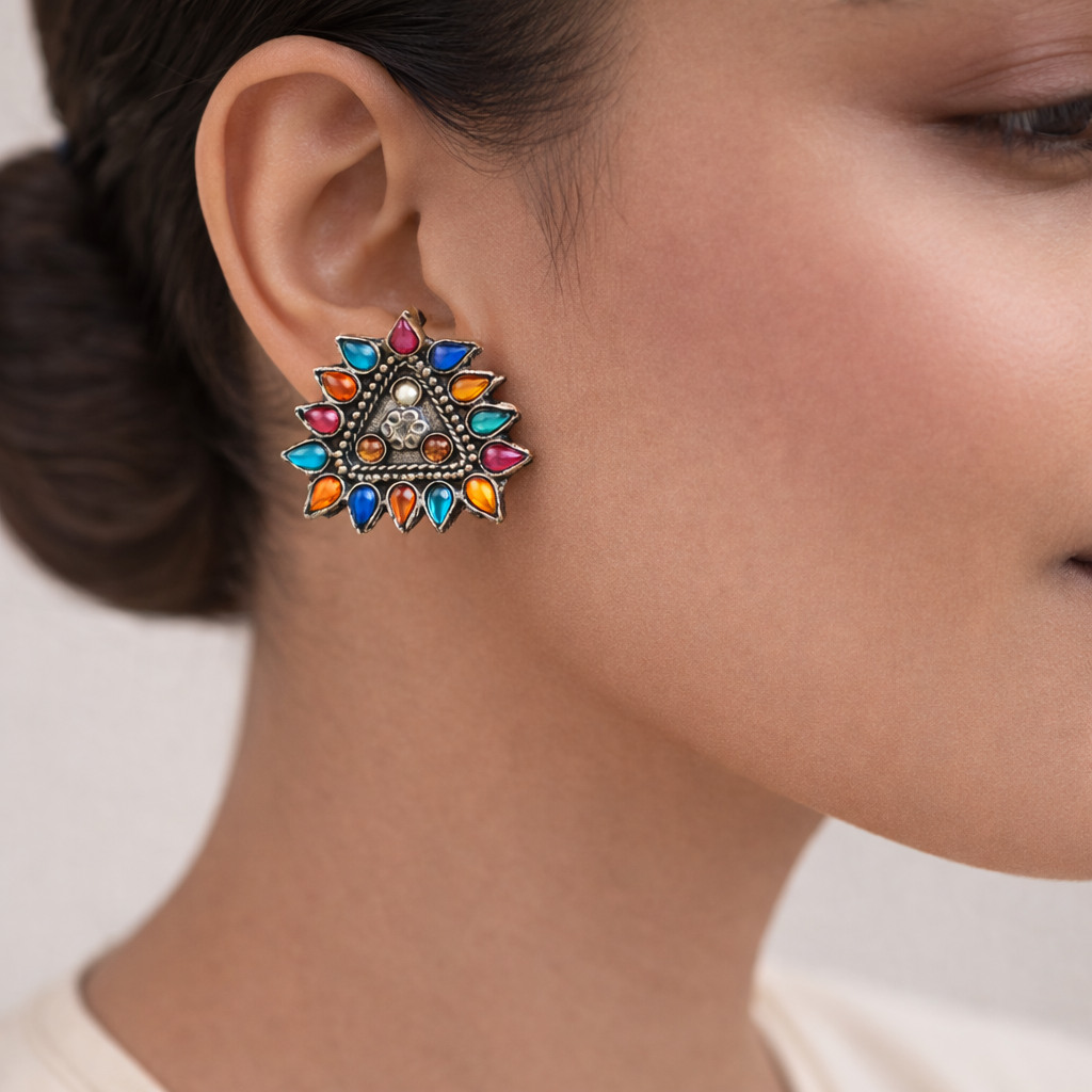 Indrdhanush- Silver oxidised Stone-Studded stud earrings