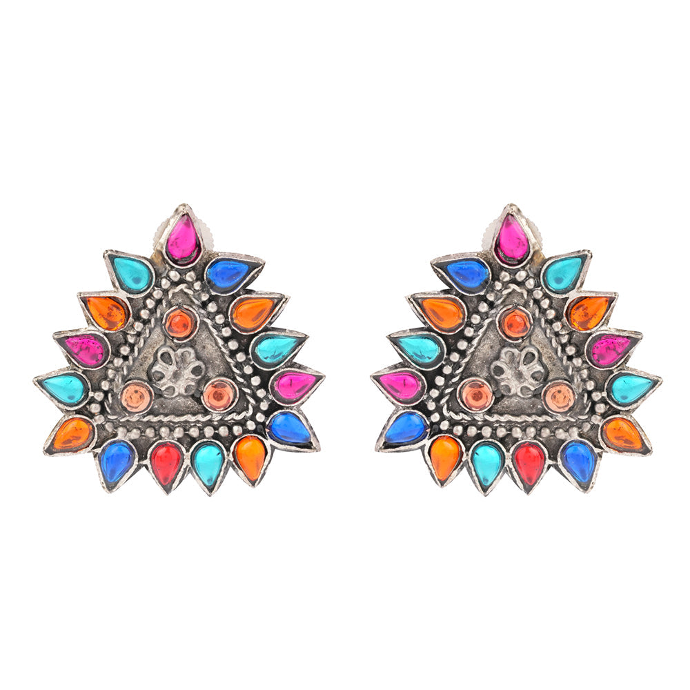 Indrdhanush- Silver oxidised Stone-Studded stud earrings