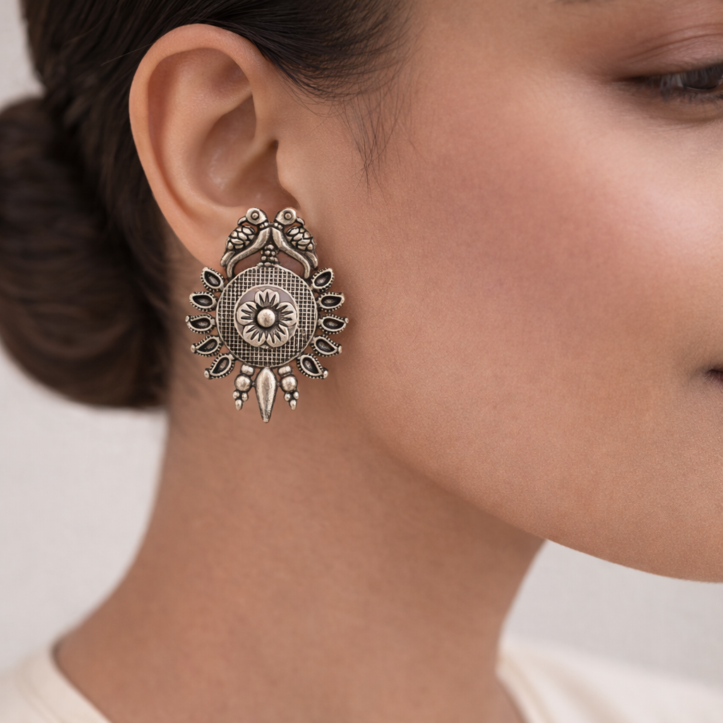 Udaan- Silver Brass Oxidised dangler earrings