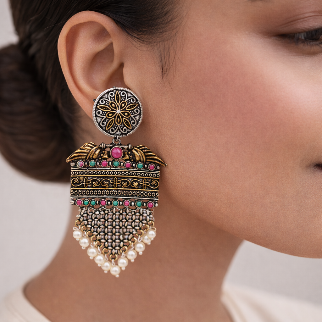 Amrita- Silver Brass Pearl dangler earrings