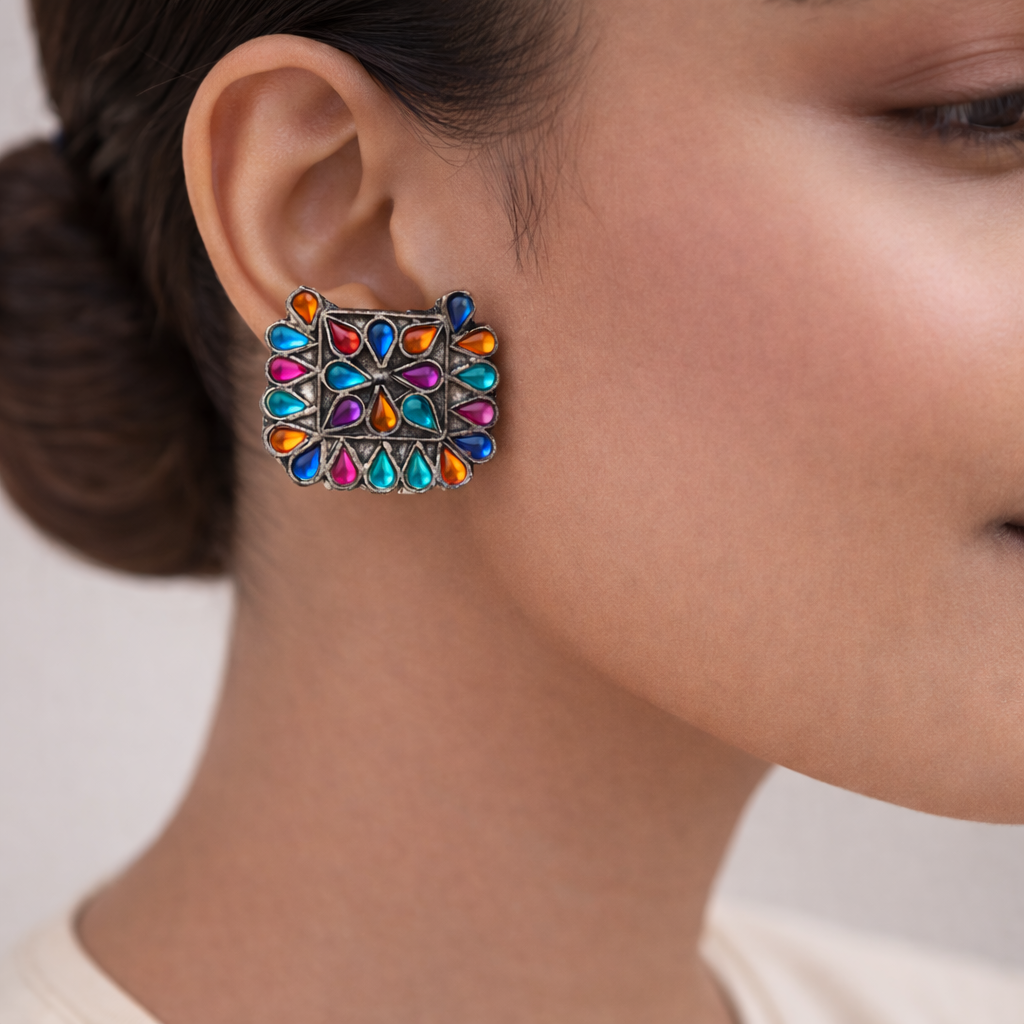 RangTarang- Silver Brass Oxidised Stone-Studded stud earrings