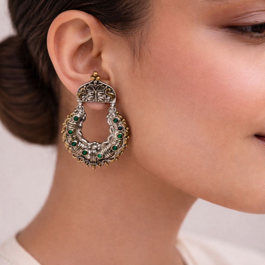Shaam-Savera- Silver Brass Oxidised dangler earrings