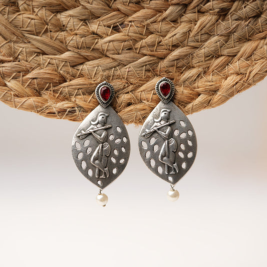 Kanha- Silver Brass Pearl Stud Earrings(Red)