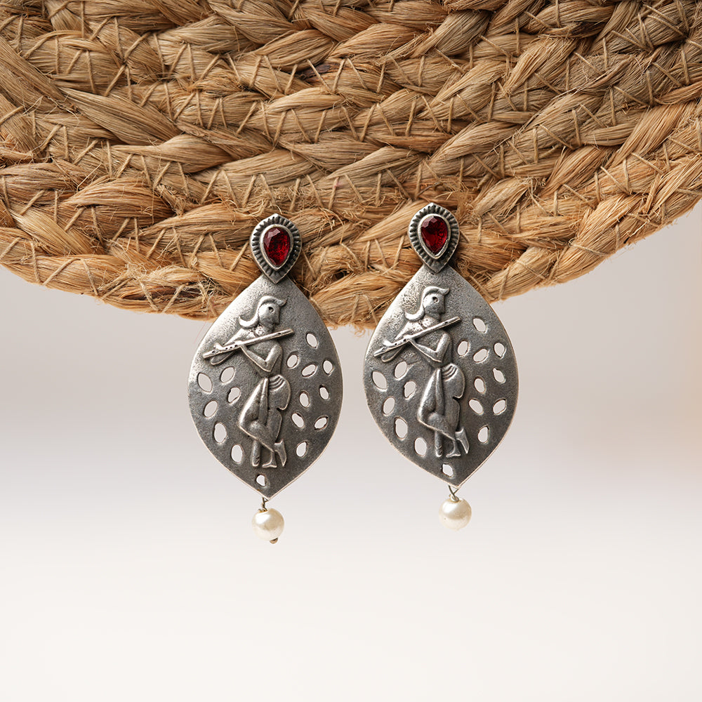 Kanha- Silver Brass Pearl Stud Earrings(Red)