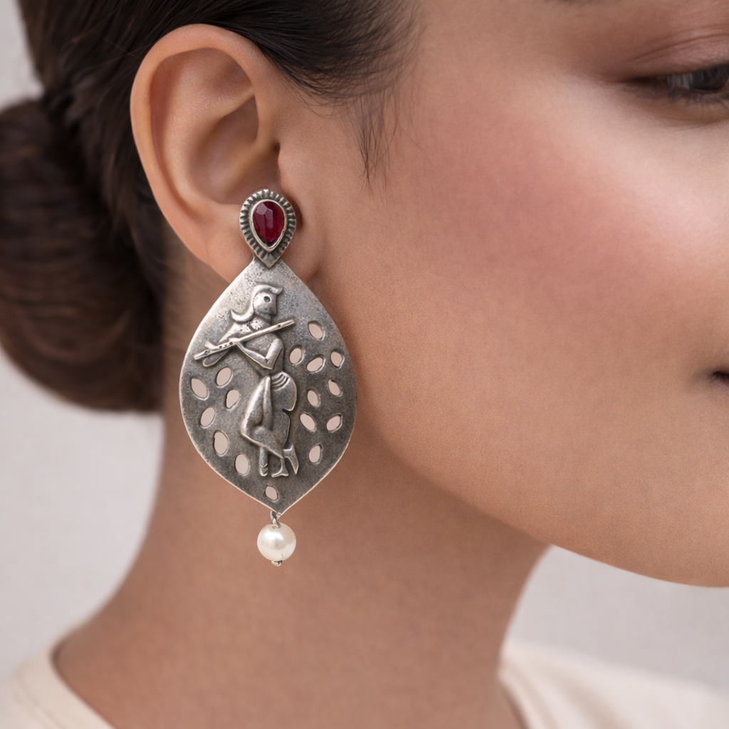 Kanha- Silver Brass Pearl Stud Earrings(Red)